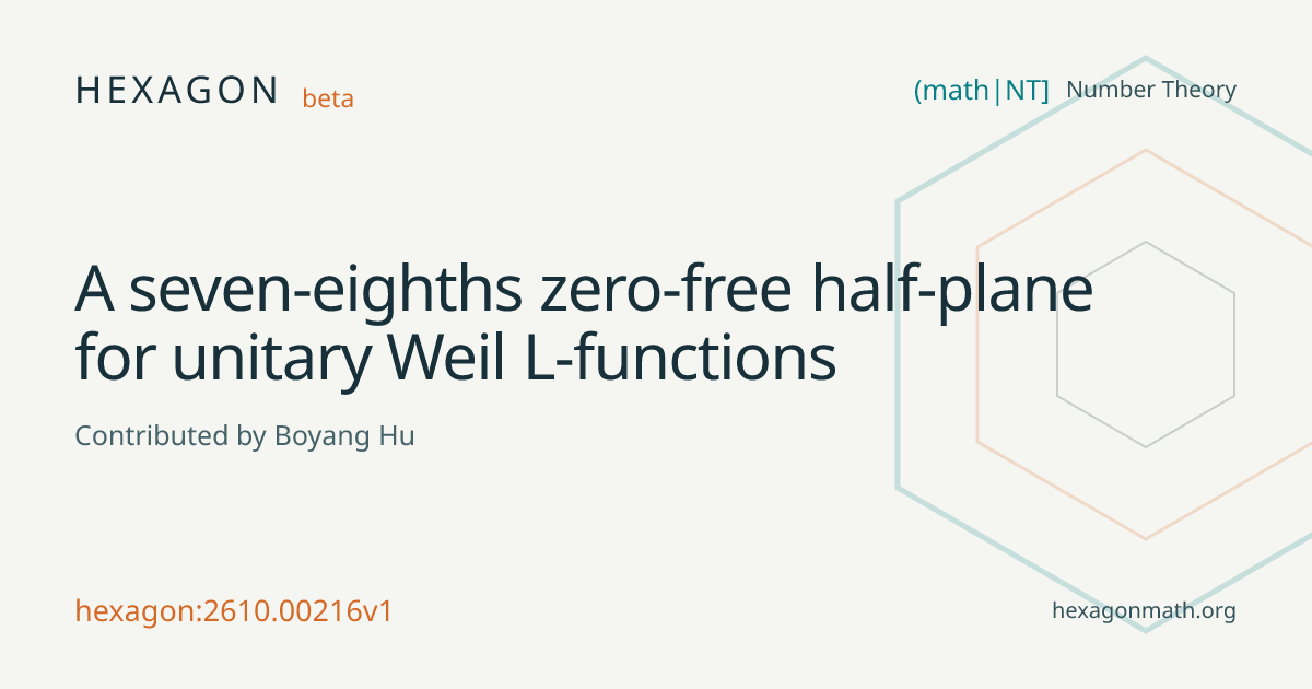 A seven-eighths zero-free half-plane for unitary Weil L-functions · Hexagon