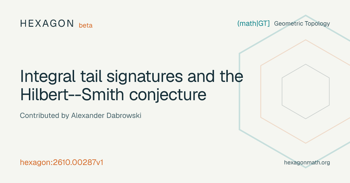 Integral tail signatures and the Hilbert--Smith conjecture · Hexagon