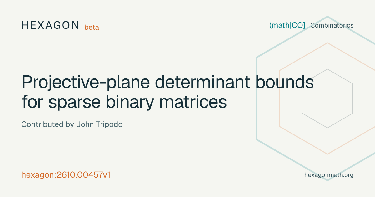 Projective-plane determinant bounds for sparse binary matrices · Hexagon